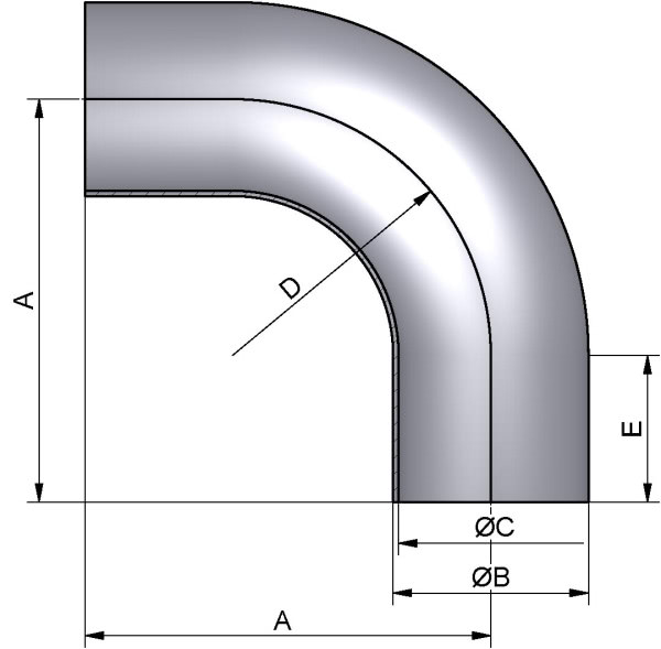 PharmCom Bogen 90°, ASME-SS, DIN 11865-C, 1.4435, 3" (76,2x1,65mm)