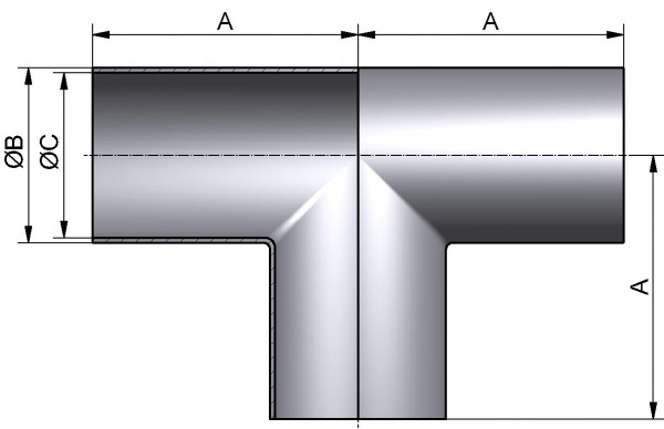 PharmCom T-Stück, DIN-SSS, DIN 11865-A, 1.4435, DN 50 (53x1,5mm)