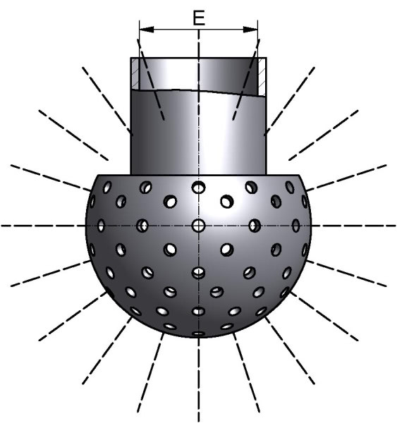 Sprühkugel, LOCHUNG 360°, mit Splint, Di 12,2mm, AISI 316L bl., Ø 25mm, SPRITZKREIS 0,5-1,0m, Durchsatz bei min. 1 bar: 2,1m³/h