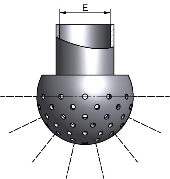 Sprühkugel, LOCHUNG UNTEN 180°, mit Splint, Di 18,2mm, AISI 316L bl., Ø 30mm, SPRITZKREIS 1,0-1,5m, Durchsatz bei min. 1 bar: 2,5m³/h