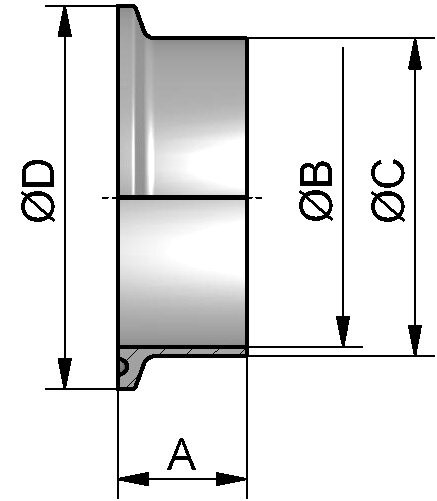 Clampstutzen (TC), DIN 32676-B-KK, ISO, AISI 316L bl., DN 15 (21,3mm), FL 50,5mm, L 21,5mm