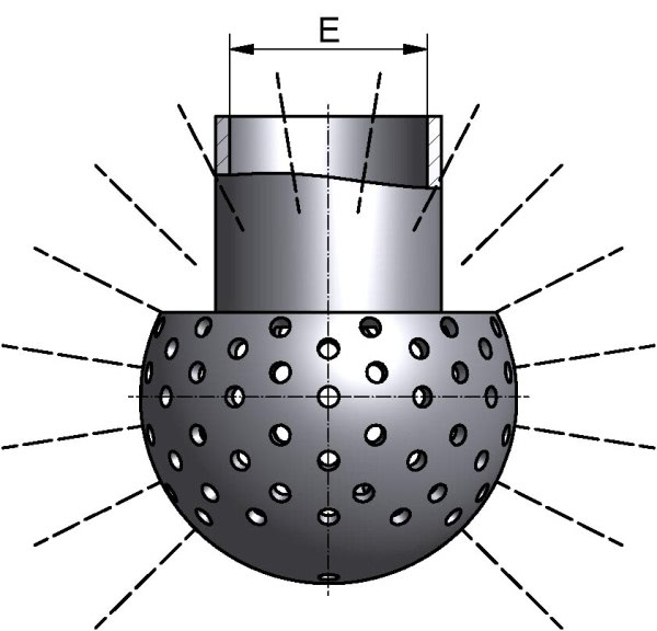 Sprühkugel, LOCHUNG OBEN 270°, mit Splint, Di 34,3mm, AISI 316L bl., Ø 64mm, SPRITZKREIS 2,5-3,5m, Durchsatz bei min. 1 bar: 11,4m³/h, bei max.2,5bar: 18,6m³/h