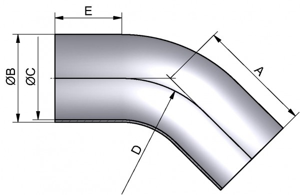 PharmCom Bogen 45°, ASME-SS, DIN 11865-C, 1.4435, 1,5" (38,1x1,65mm)