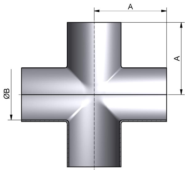 Kreuzstück-lang, DIN-SSSS, AISI 316L mb., DN 20